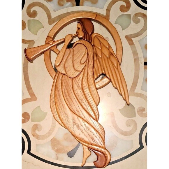 Vintage Carved Guardian Angel Wall Sculpture All Wood Wall Decor Art Signed 1997
